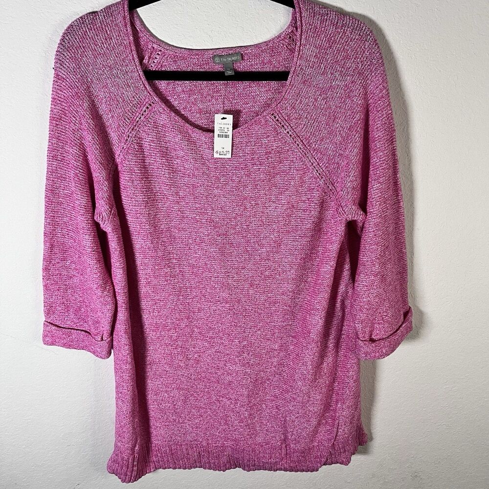 New T By Talbots Heathered Pink 3/4 Sleeve Round Neck Sweater Womens Size 1X NWT